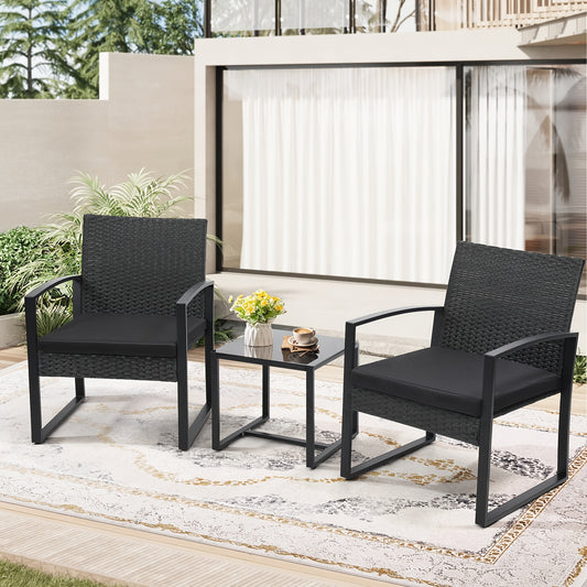 3-Piece Wicker Patio Set: Waterproof chairs, glass table & thick cushions. Perfect for garden & deck| 50% OFF