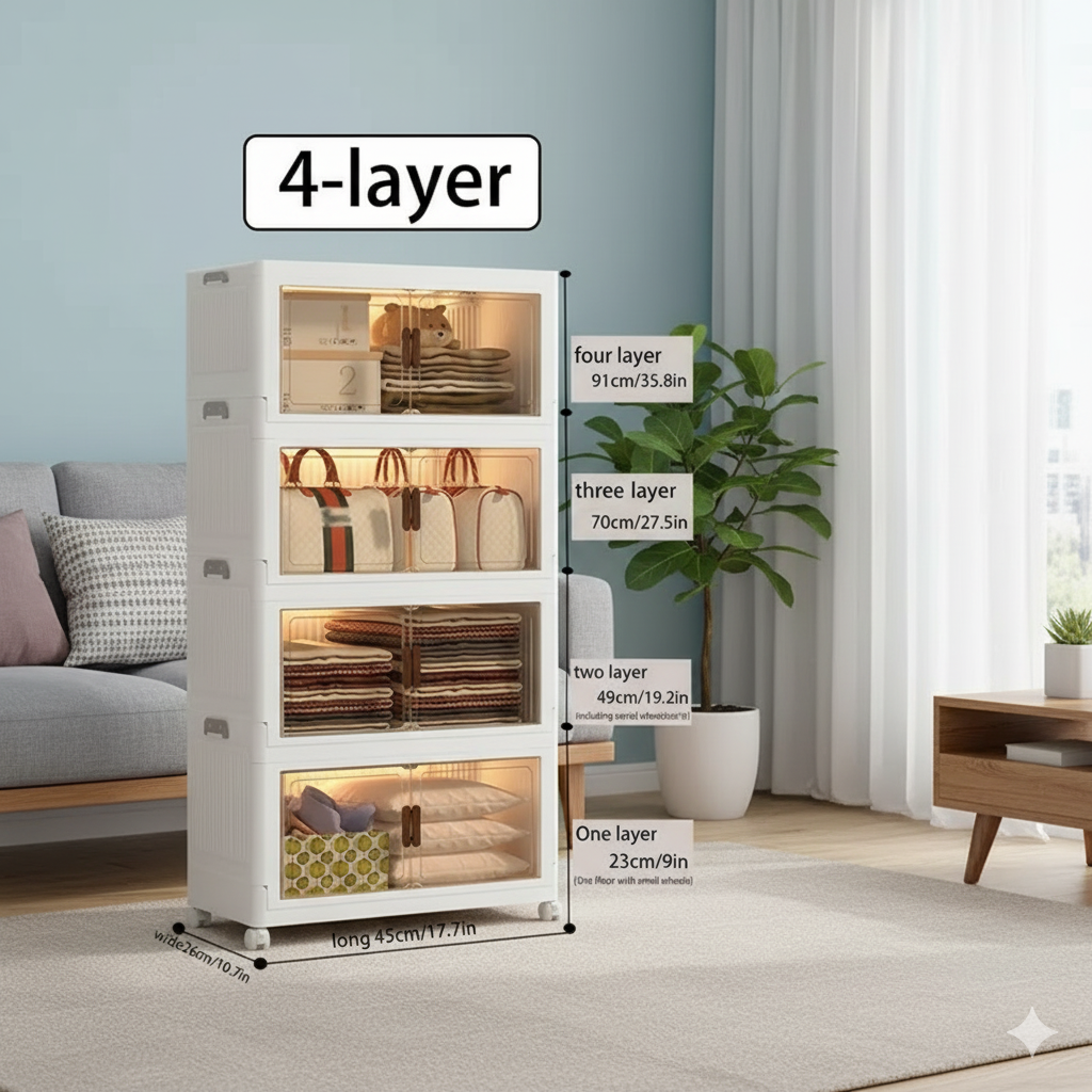 White storage cabinet with glass doors in a living room setting, labeled '4-layer'.