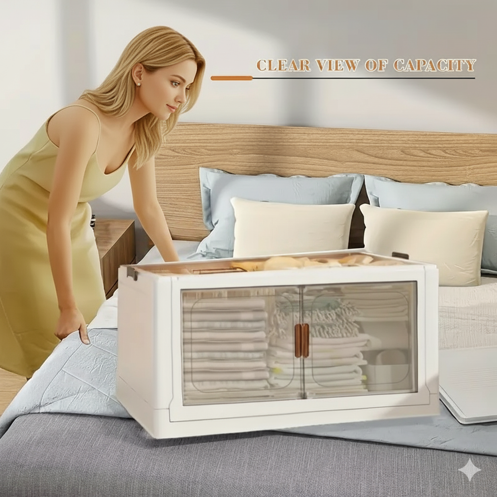 Woman opening a white storage box on a bed with clear view of capacity text above.
