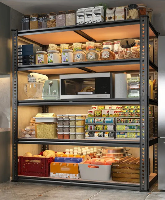 Shelving unit with various food items and appliances in a kitchen setting
