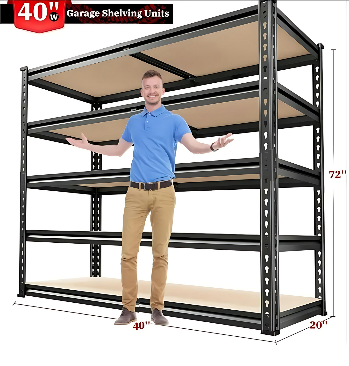 Heavy Duty Metal Shelving Unit – 5 Tier Adjustable Garage Storage Shelf, 2500LBS Capacity, 72”H × 40"W x 20"D, Black