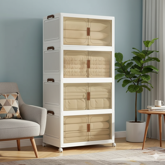 Tall white storage cabinet with glass doors in a room with a chair, plant, and small table.