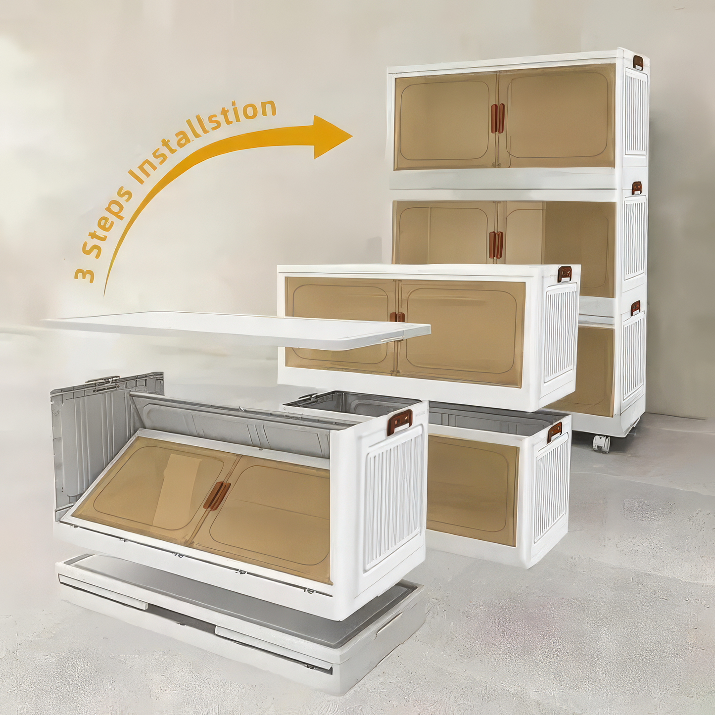 White storage unit with brown shelves on a light gray floor, showing assembly steps.
