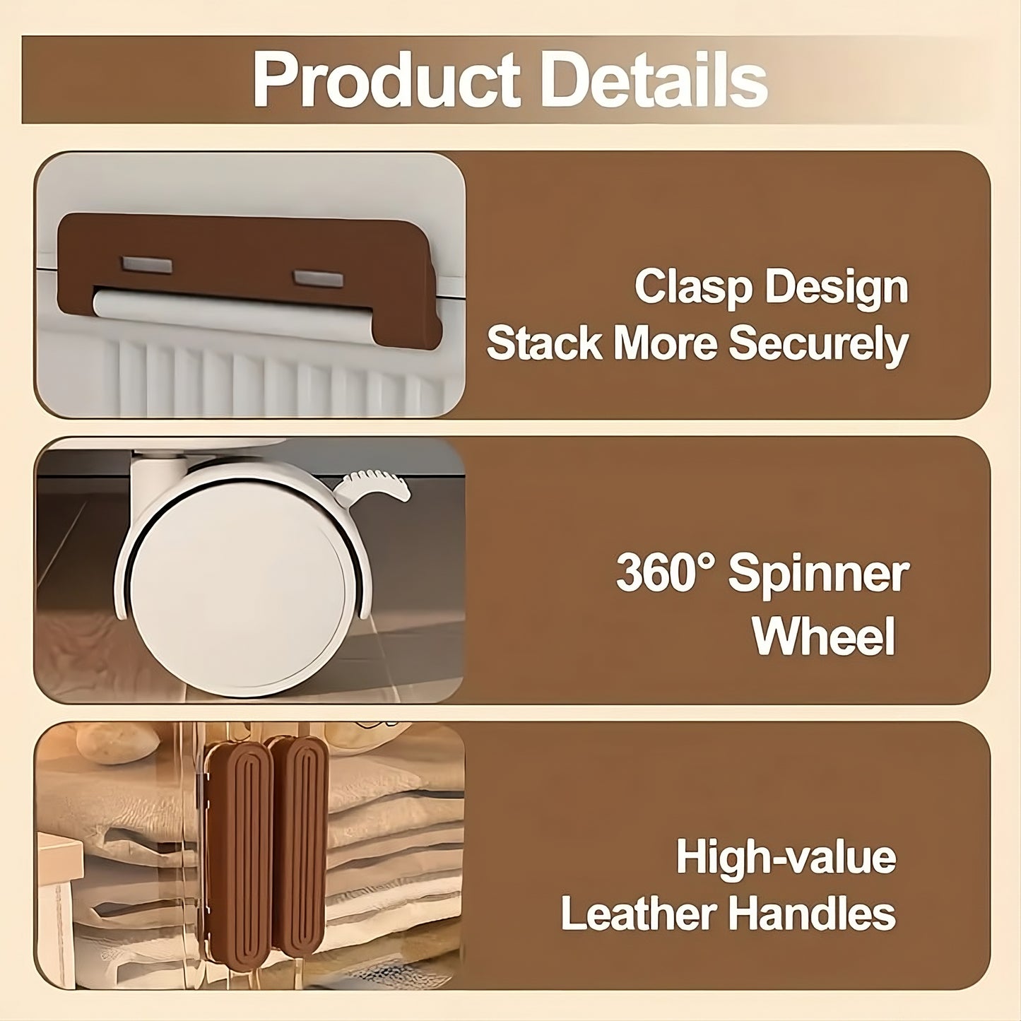 Product details of a suitcase with clasp design, spinner wheel, and leather handles on a beige background.