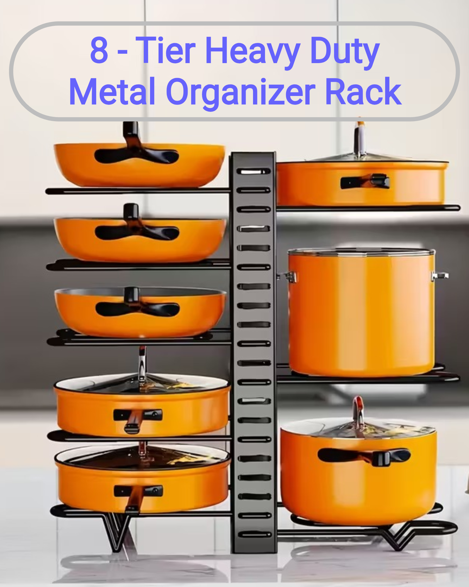 8-tier heavy-duty metal organizer rack with orange pots and pans on a white background