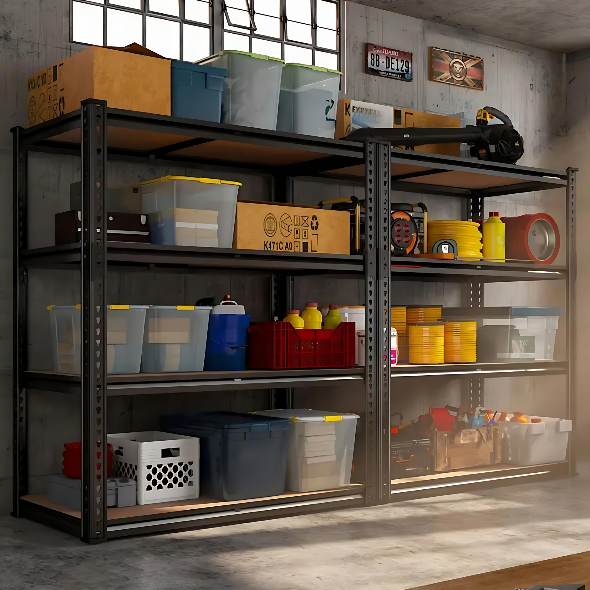 Storage shelves in a garage with various items including boxes and containers.
