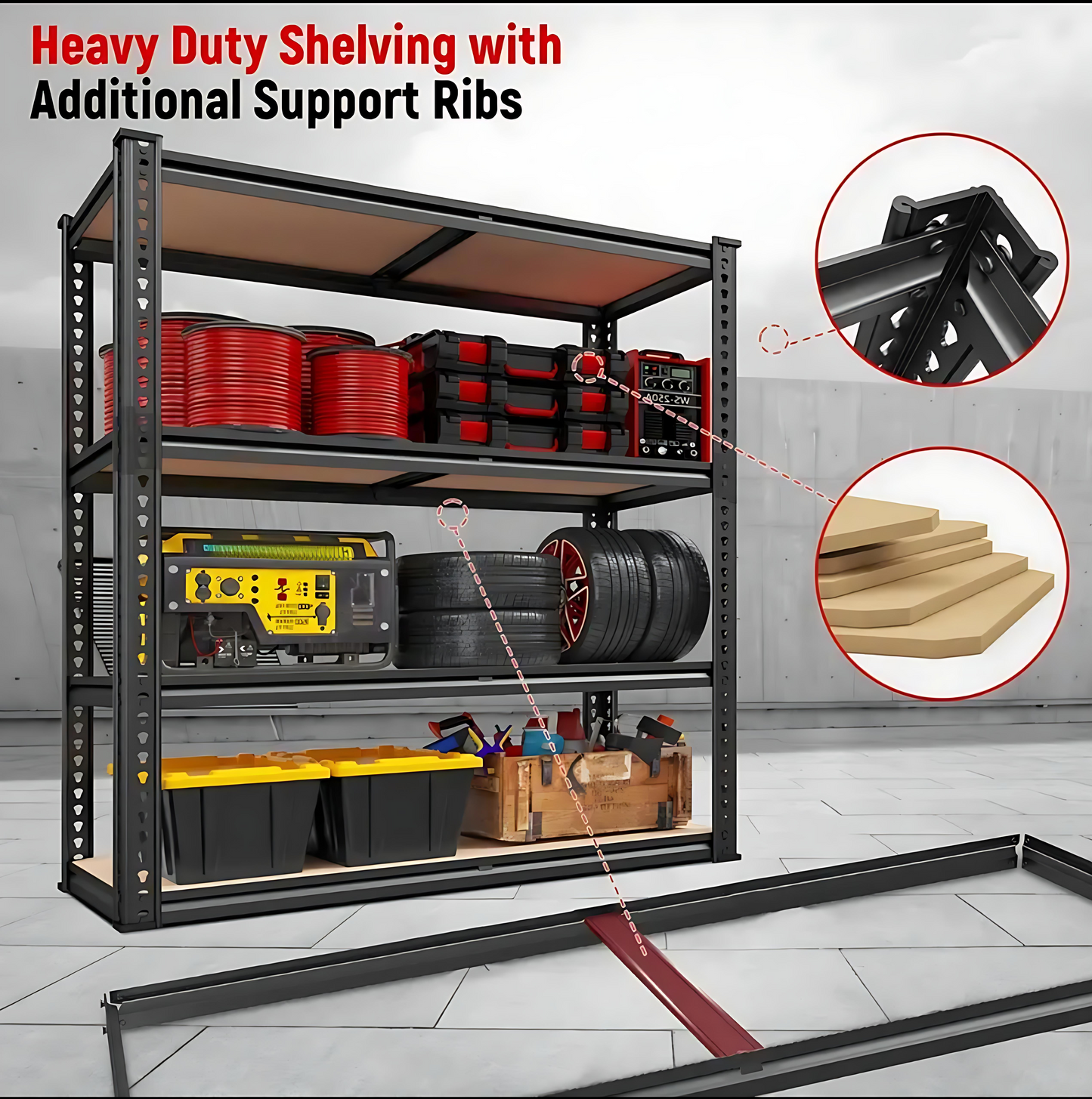 Heavy Duty 4-Tier Shelving Unit – 2000 lbs Capacity, Adjustable Garage & Pantry Rack, 59.8”H x 40”W x 19.7”D, Black Steel – 50% Off