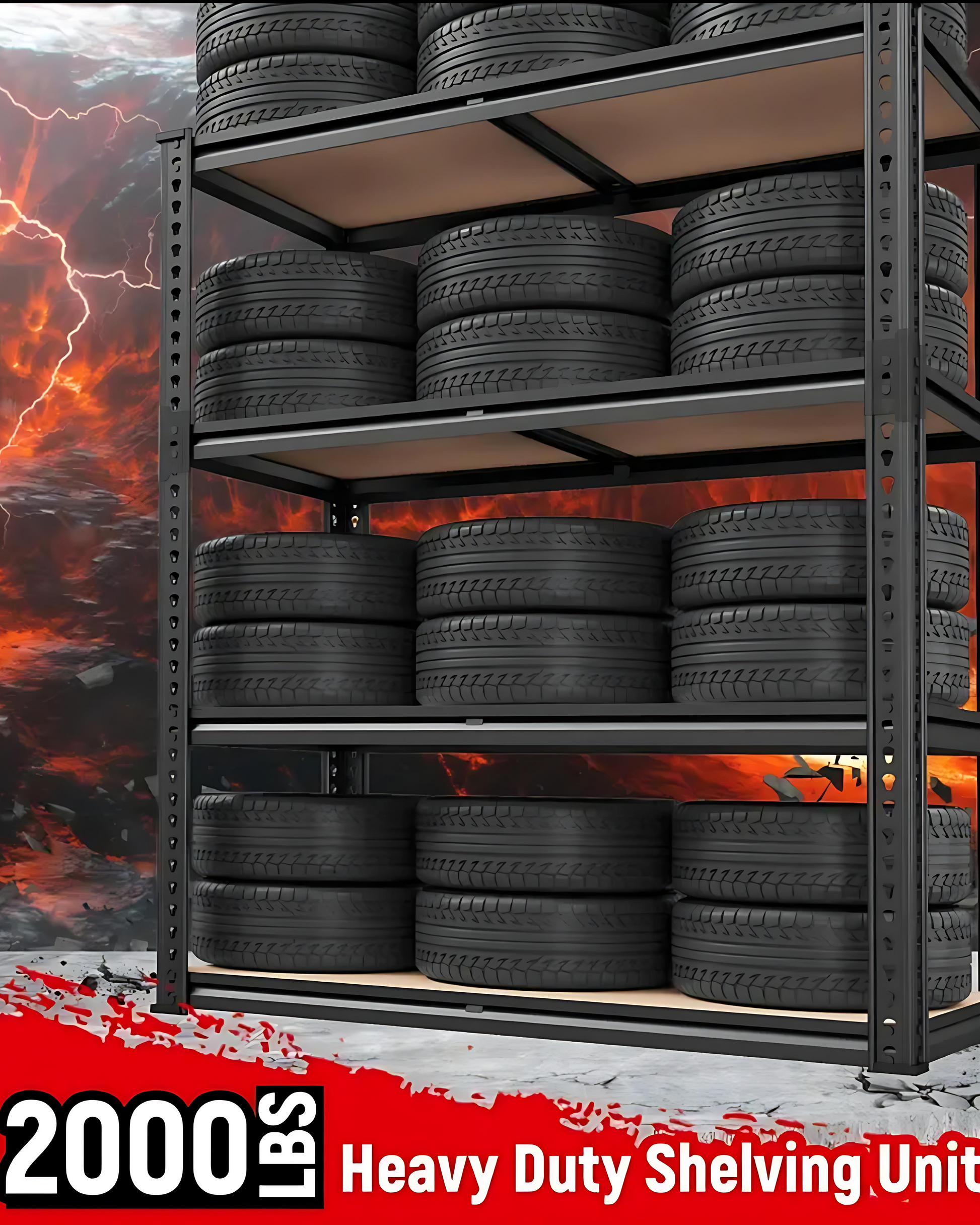 Heavy-duty shelving unit with tires on shelves against a fiery background with lightning.