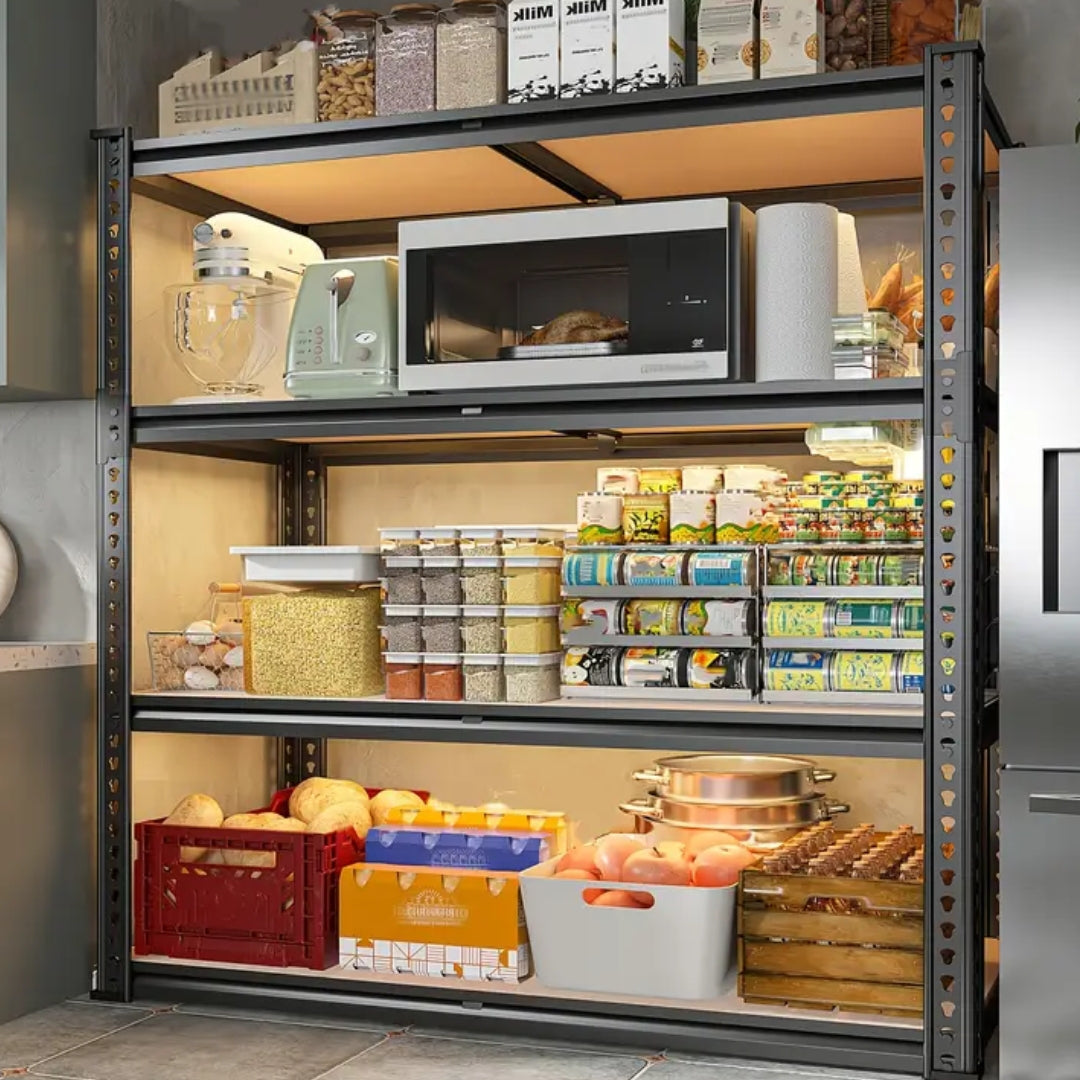Storage rack with kitchen appliances and supplies in a kitchen setting