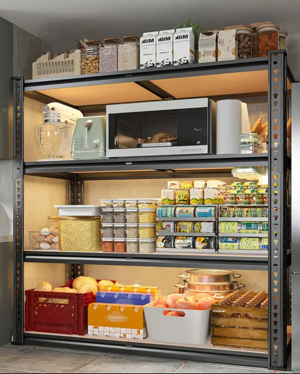 Storage rack with kitchen appliances and supplies in a kitchen setting