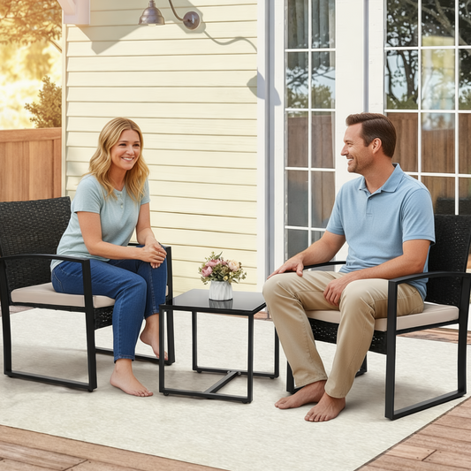 3-Piece Wicker Patio Set: Waterproof chairs, glass table & thick cushions. Perfect for garden & deck| 50% OFF Storage Shelves USA
