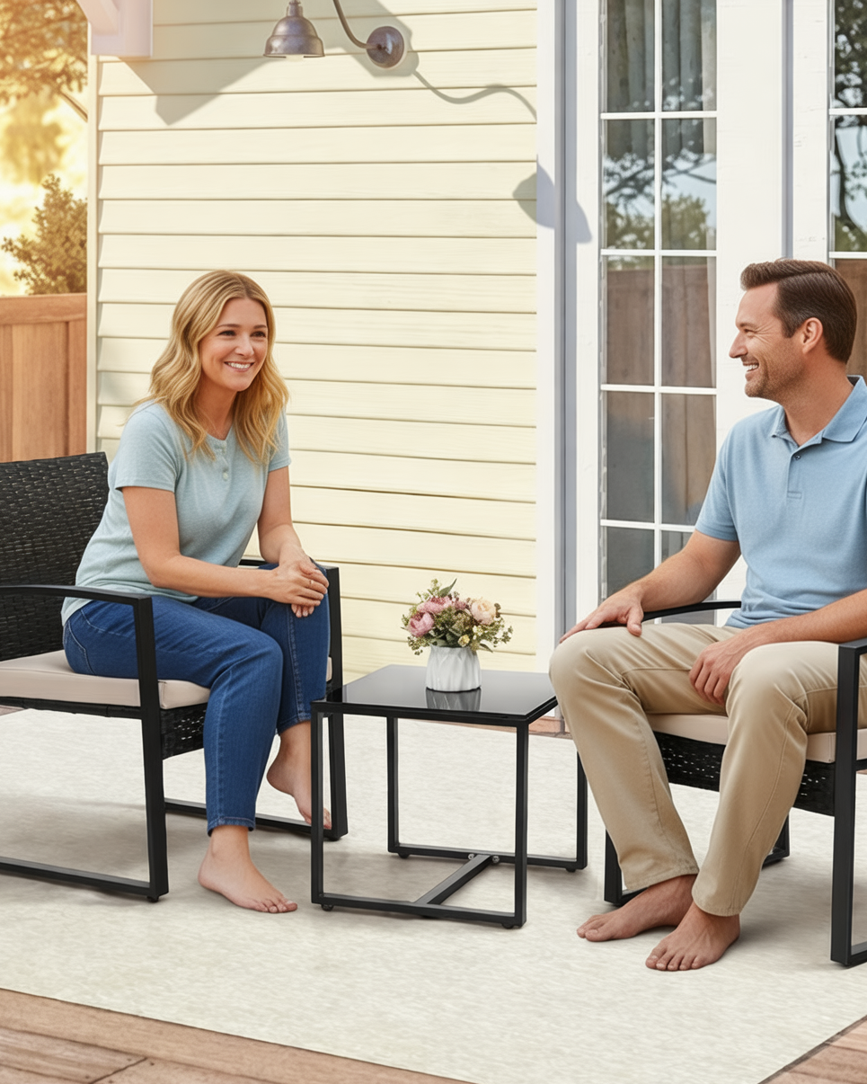 Man and woman sitting on outdoor furniture with a small table and flowers in the background.