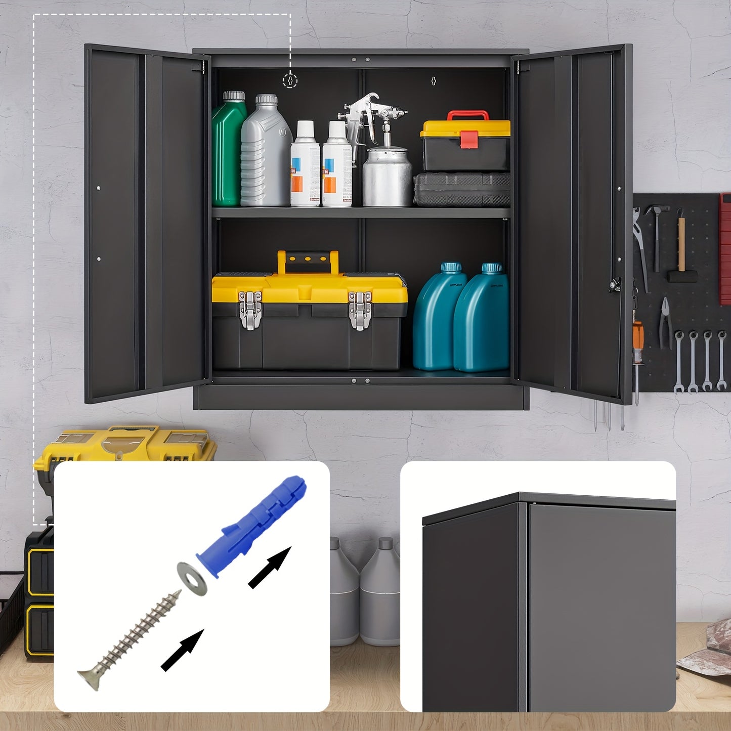 Open black storage cabinet with tools and supplies on a gray wall background