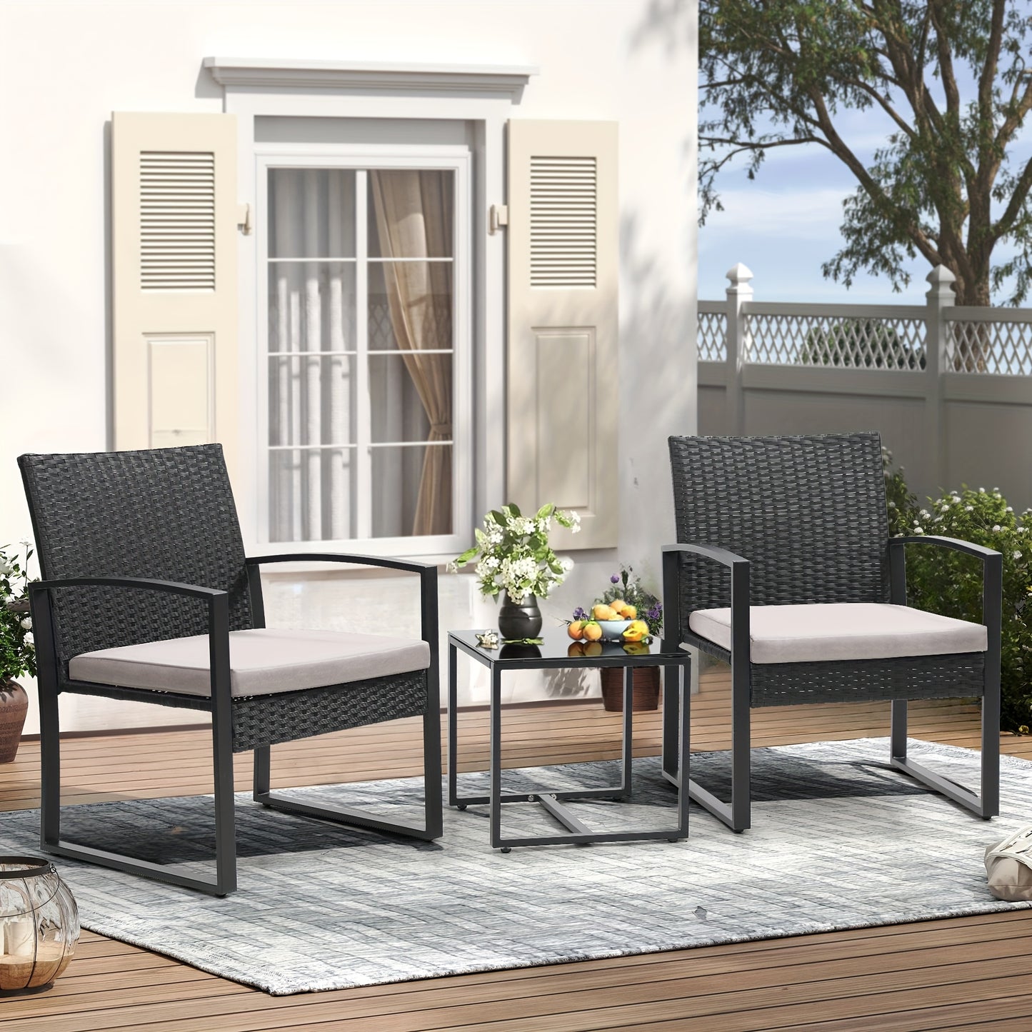 3-Piece Wicker Patio Set: Waterproof chairs, glass table & thick cushions. Perfect for garden & deck| 50% OFF