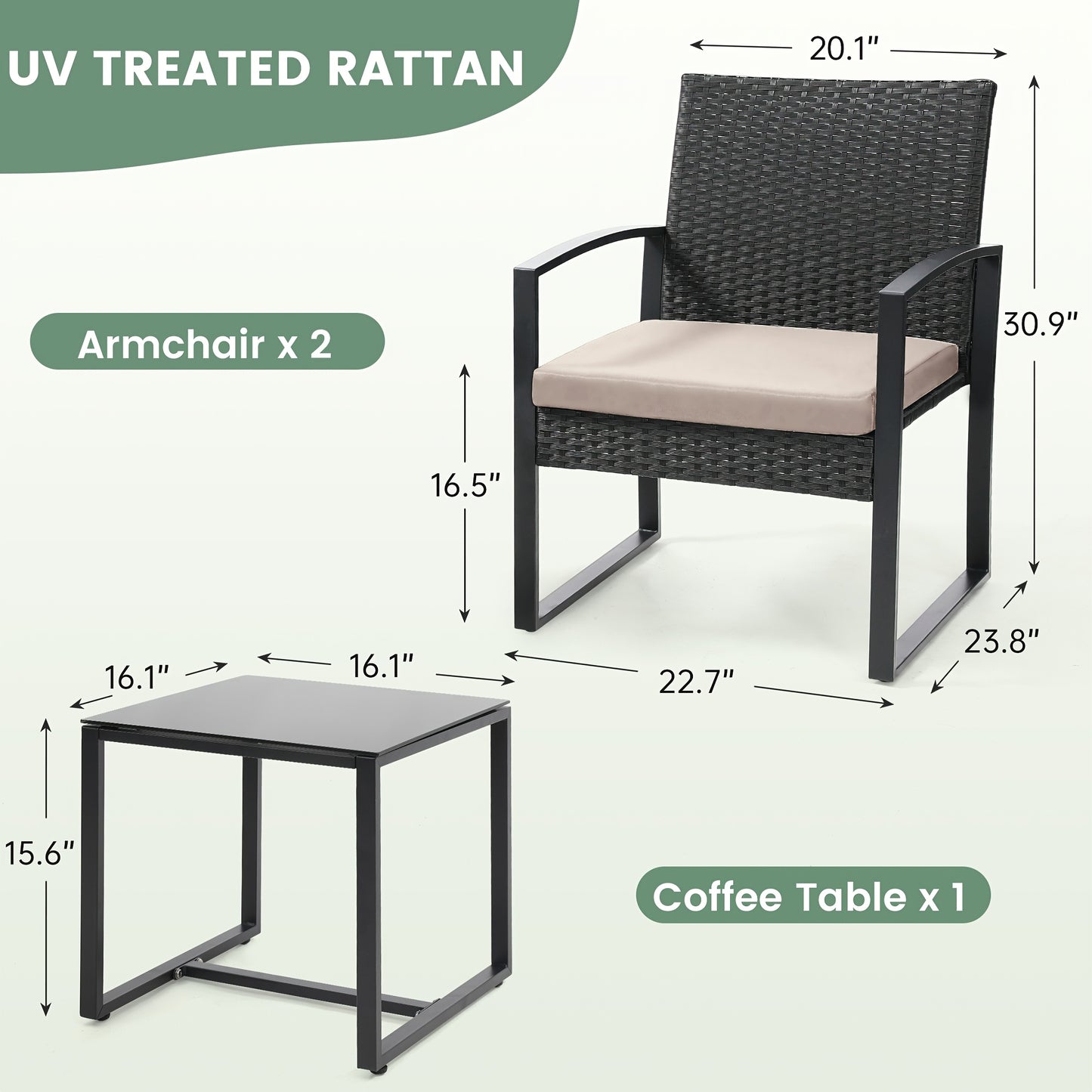 3-Piece Wicker Patio Set: Waterproof chairs, glass table & thick cushions. Perfect for garden & deck| 50% OFF