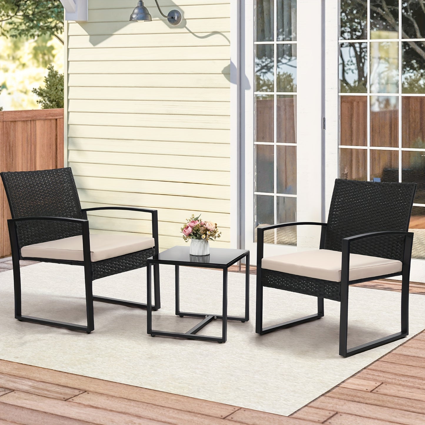 3-Piece Wicker Patio Set: Waterproof chairs, glass table & thick cushions. Perfect for garden & deck| 50% OFF