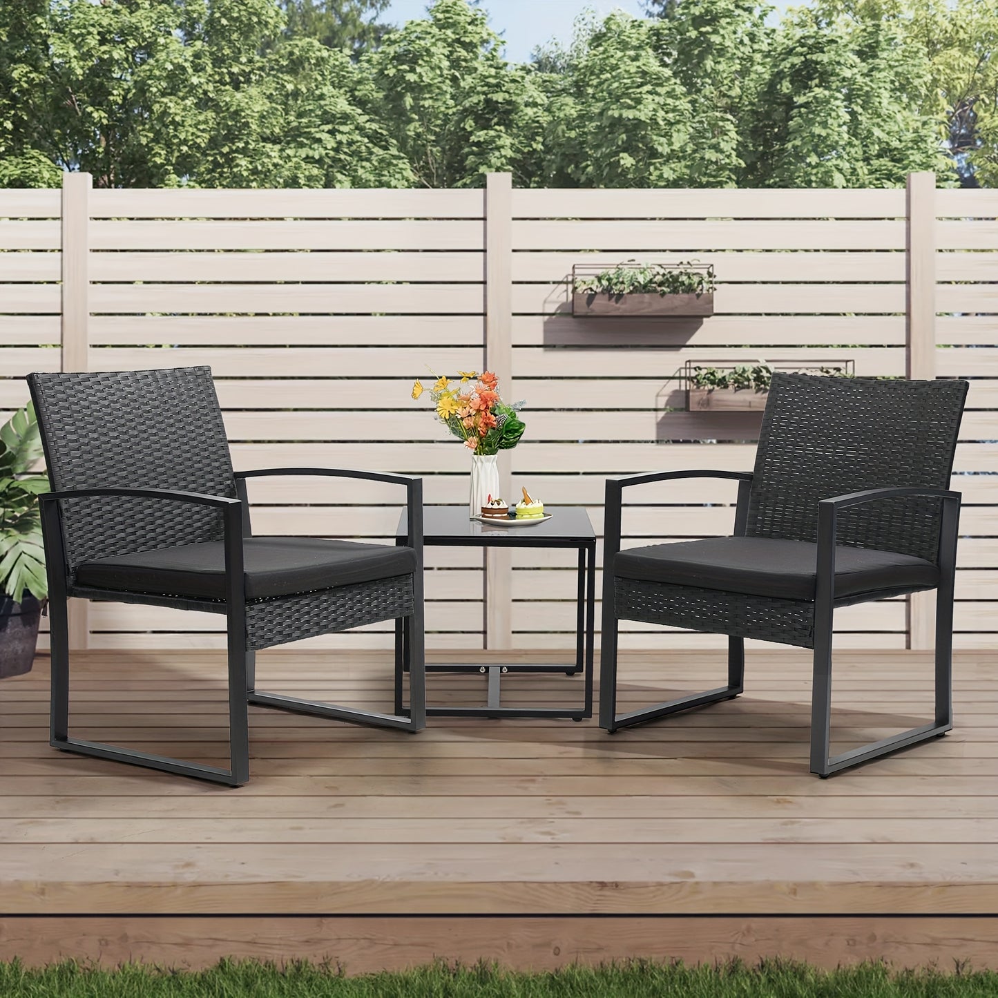 3-Piece Wicker Patio Set: Waterproof chairs, glass table & thick cushions. Perfect for garden & deck| 50% OFF