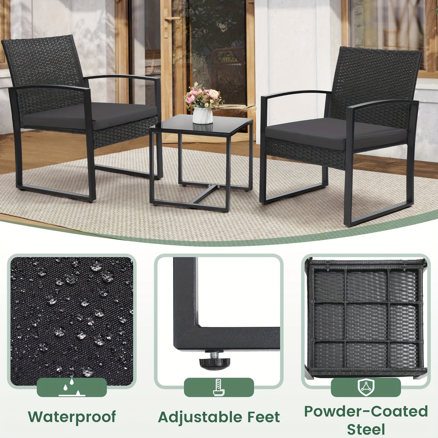 3-Piece Wicker Patio Set: Waterproof chairs, glass table & thick cushions. Perfect for garden & deck| 50% OFF