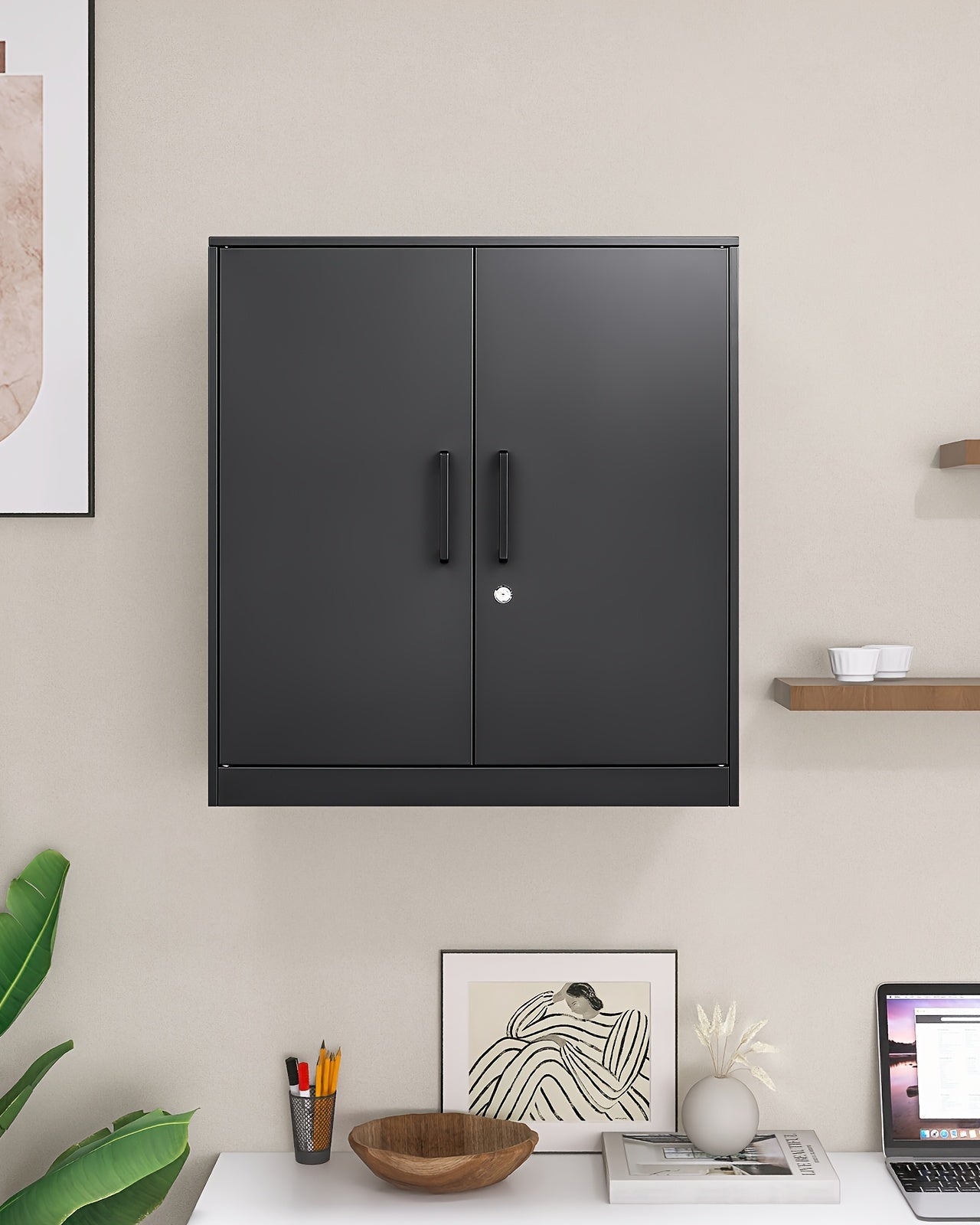 Black wall-mounted cabinet in a room with a laptop, plant, and shelves.