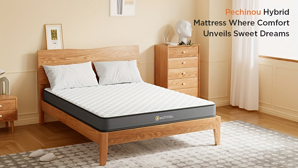 Hybrid mattress on a wooden bed frame in a bedroom setting with 'Pechinou' branding, Storage Shelves USA.