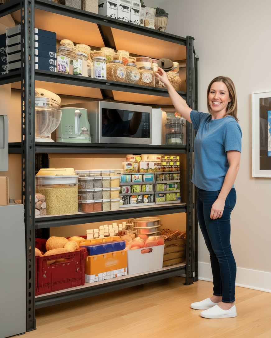 Woman standing next to a large storage rack filled with various items in a room.