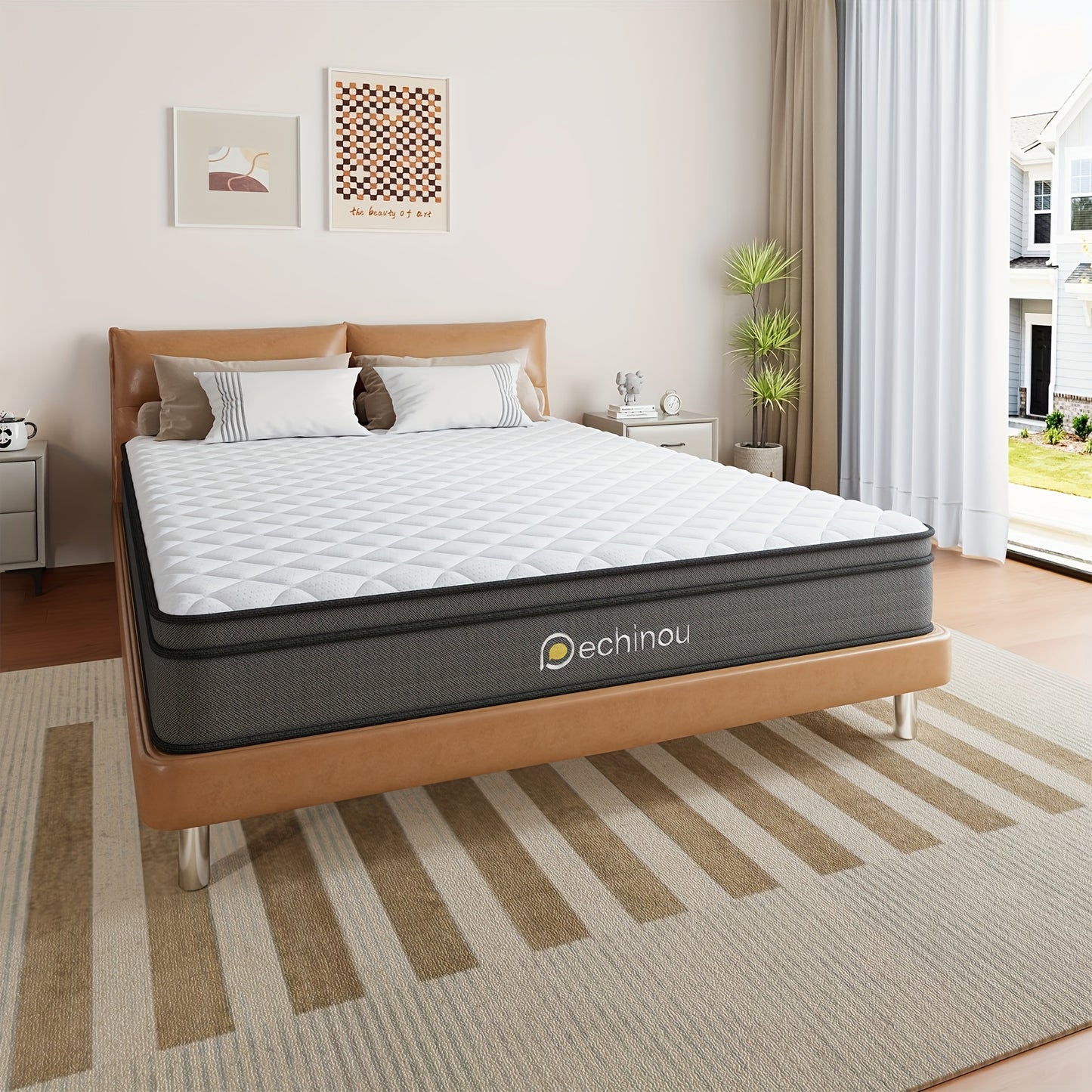 Mattress on a wooden bed frame in a bedroom with Pechinou branding, Storage Shelves USA