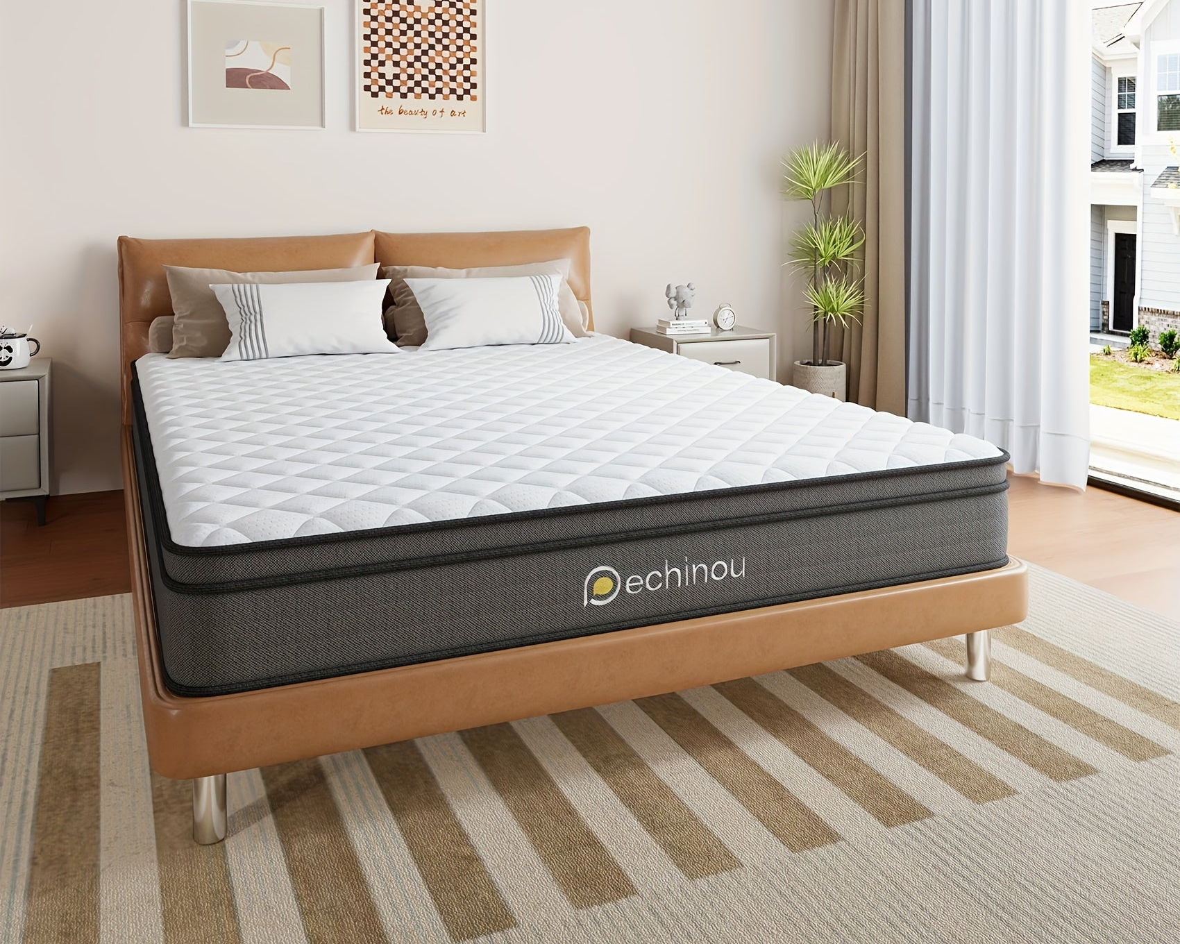 Mattress on a wooden bed frame in a bedroom with 'Pechinou' branding Pocket Coil Mattress Storage Shelve USA.