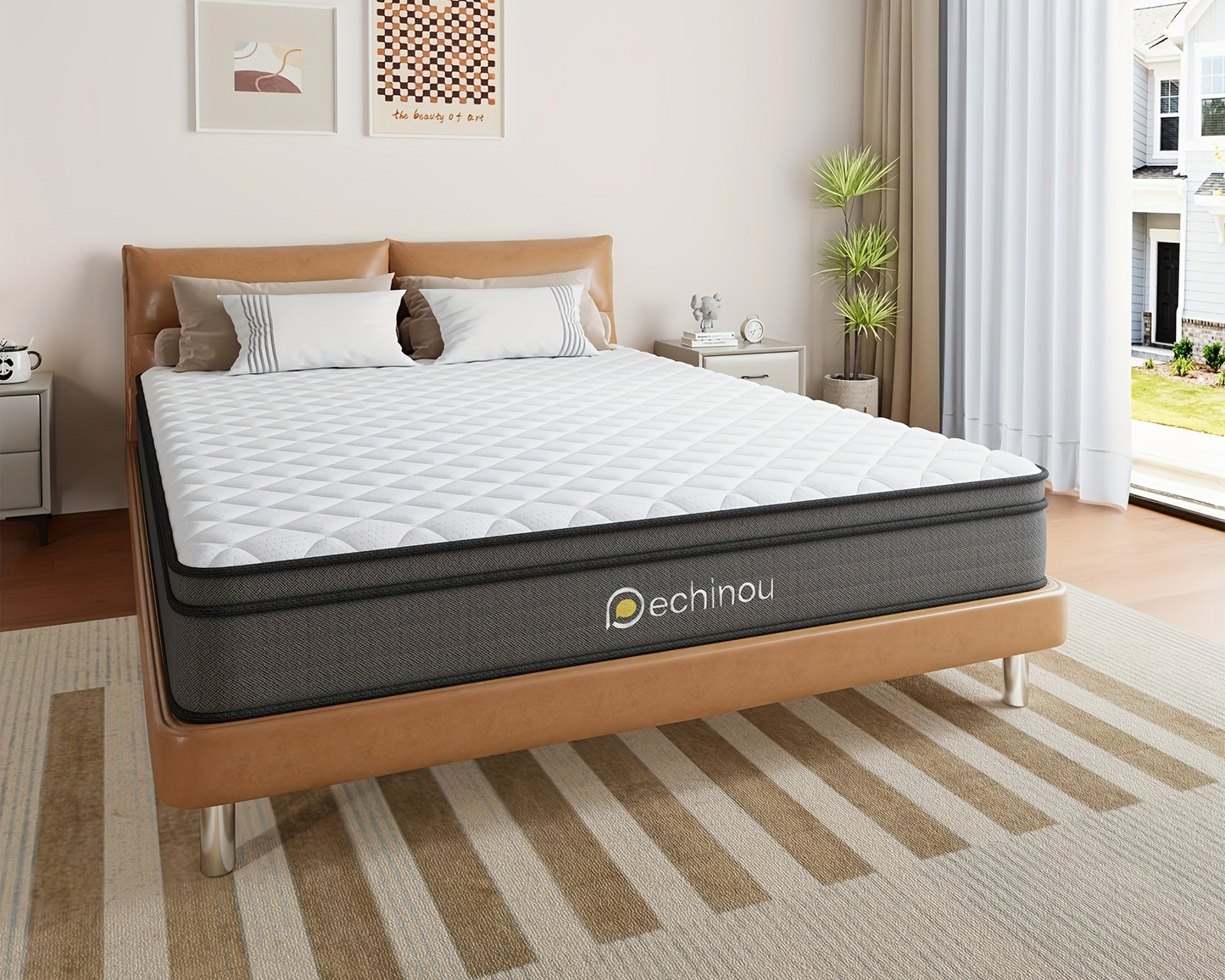Mattress on a wooden bed frame in a bedroom with 'Pechinou' branding Pocket Coil Mattress Storage Shelve USA.