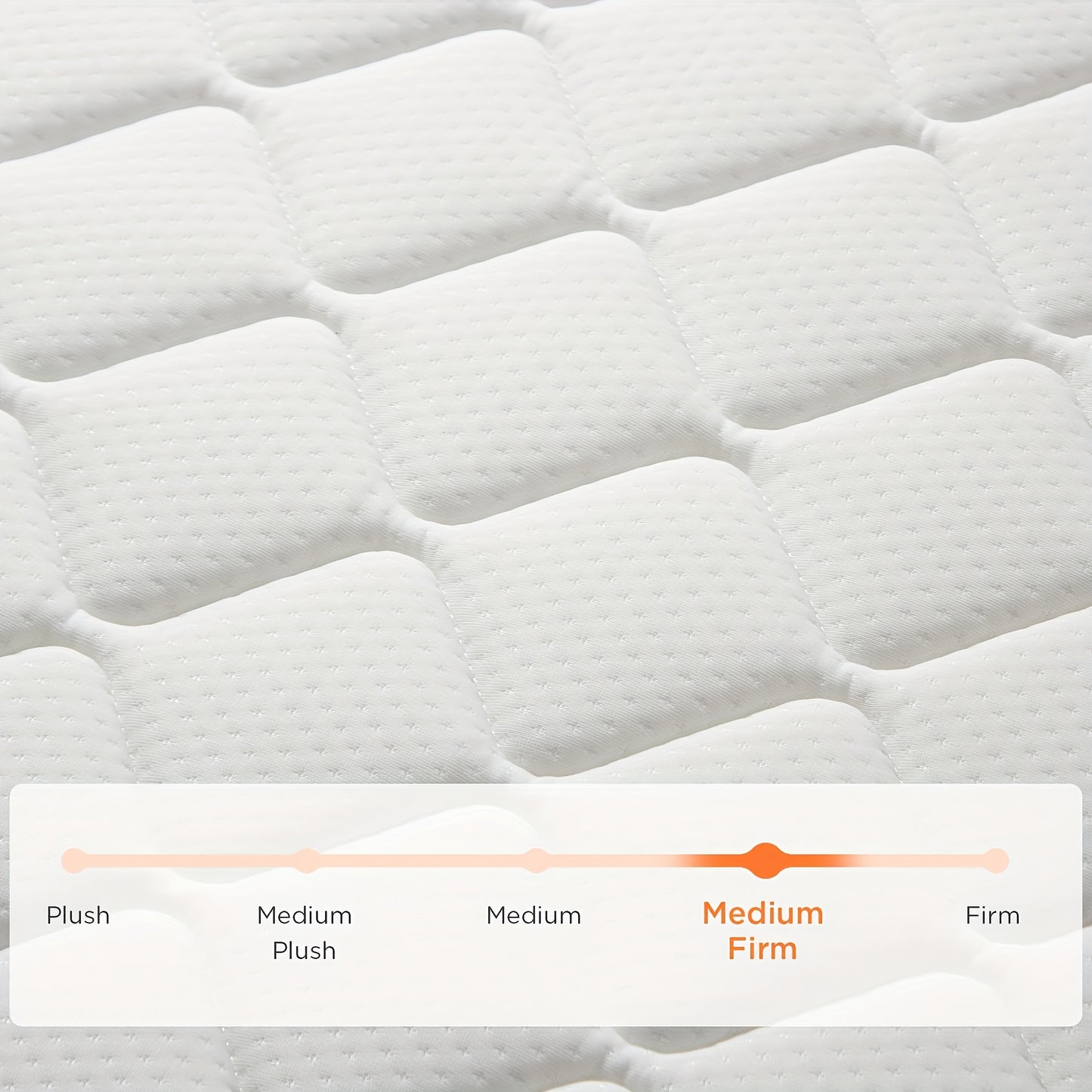 Mattress topper with a texture pattern and a scale indicating firmness level on a white background, Storage Shelves USA.