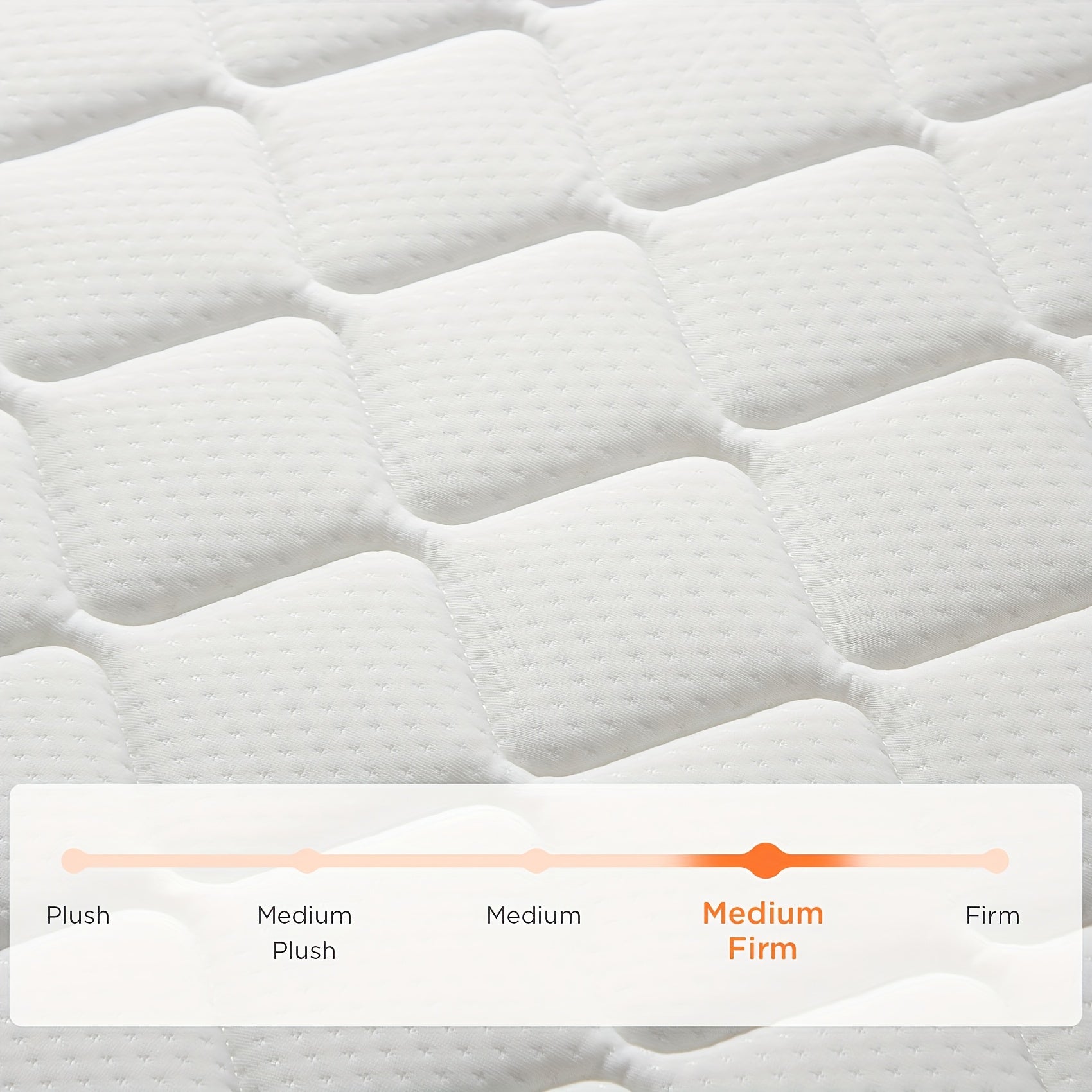 Mattress topper with a texture pattern and a scale indicating firmness level on a white background, Storage Shelves USA.