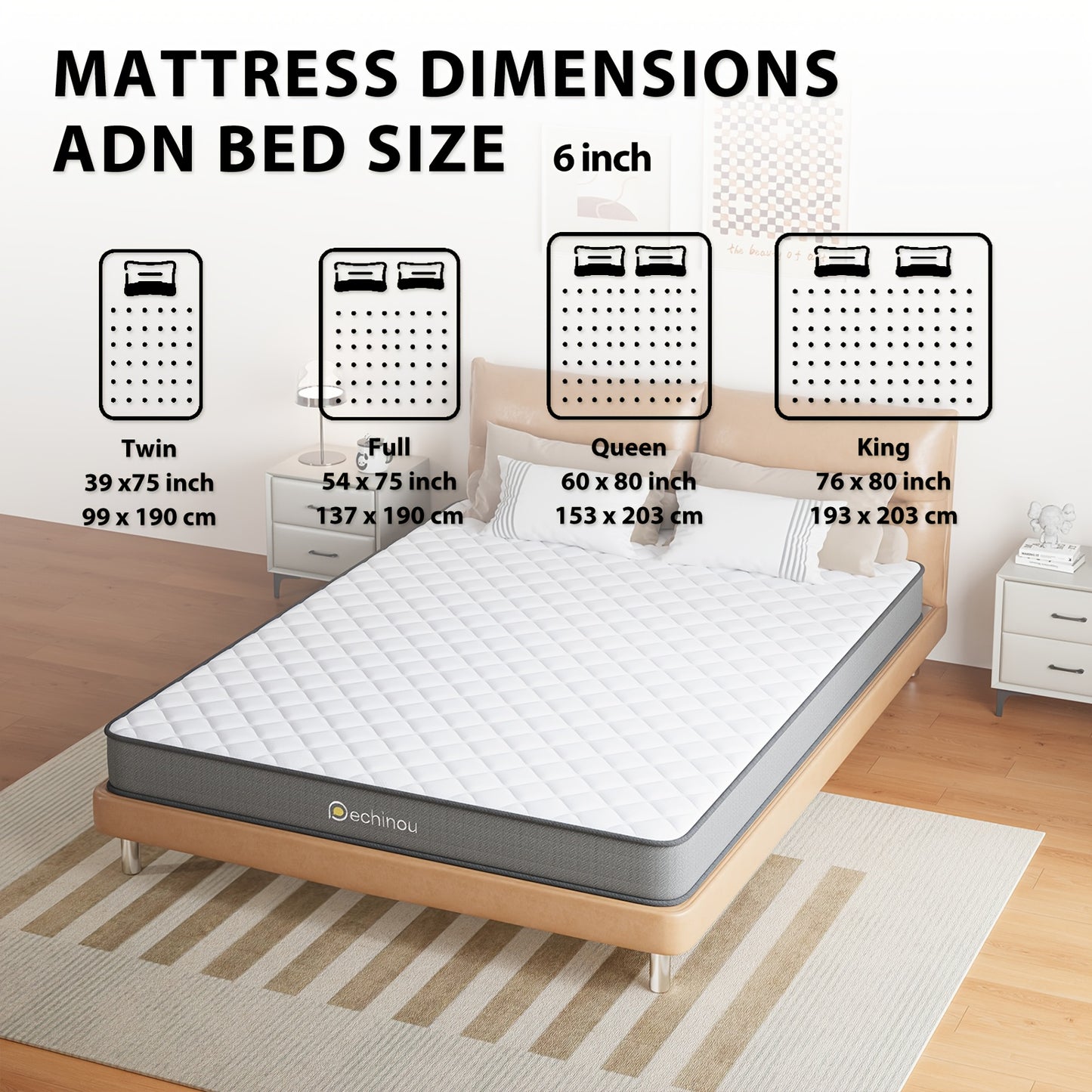 Mattress dimensions chart for various bed sizes with a mattress on a bed frame Storage Shelves USA.