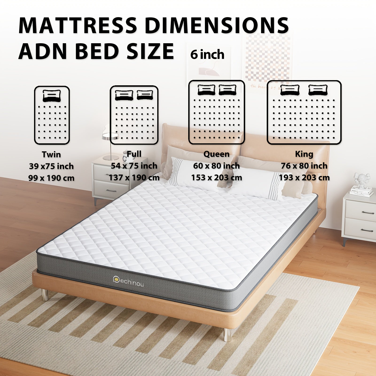 Mattress dimensions chart for various bed sizes with a mattress on a bed frame Storage Shelves USA.