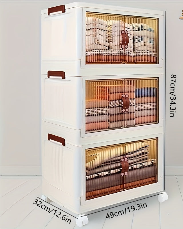 3-Layer Plastic Stackable Storage Bins with Wheels, Transparent Front Organizer for Clothes, Toys & Home Use (87×49×32cm)|50% OFF