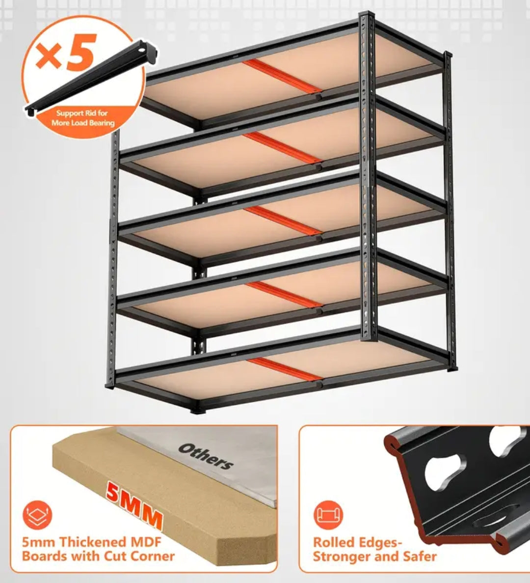Heavy Duty Metal Shelving Unit – 5 Tier Adjustable Garage Storage Shelf, 2500LBS Capacity, 72”H × 40"W x 20"D, Black