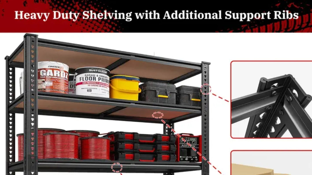 Heavy-duty shelving unit with additional support ribs, filled with tools and equipment.