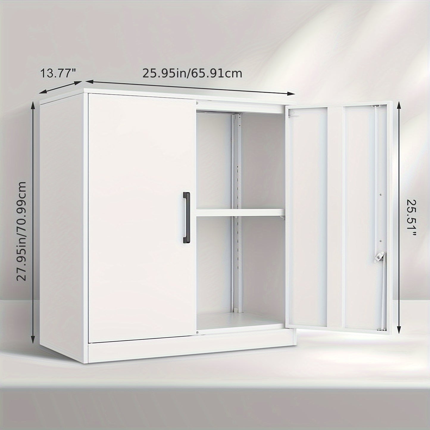 White storage cabinet with dimensions displayed on a light gray background