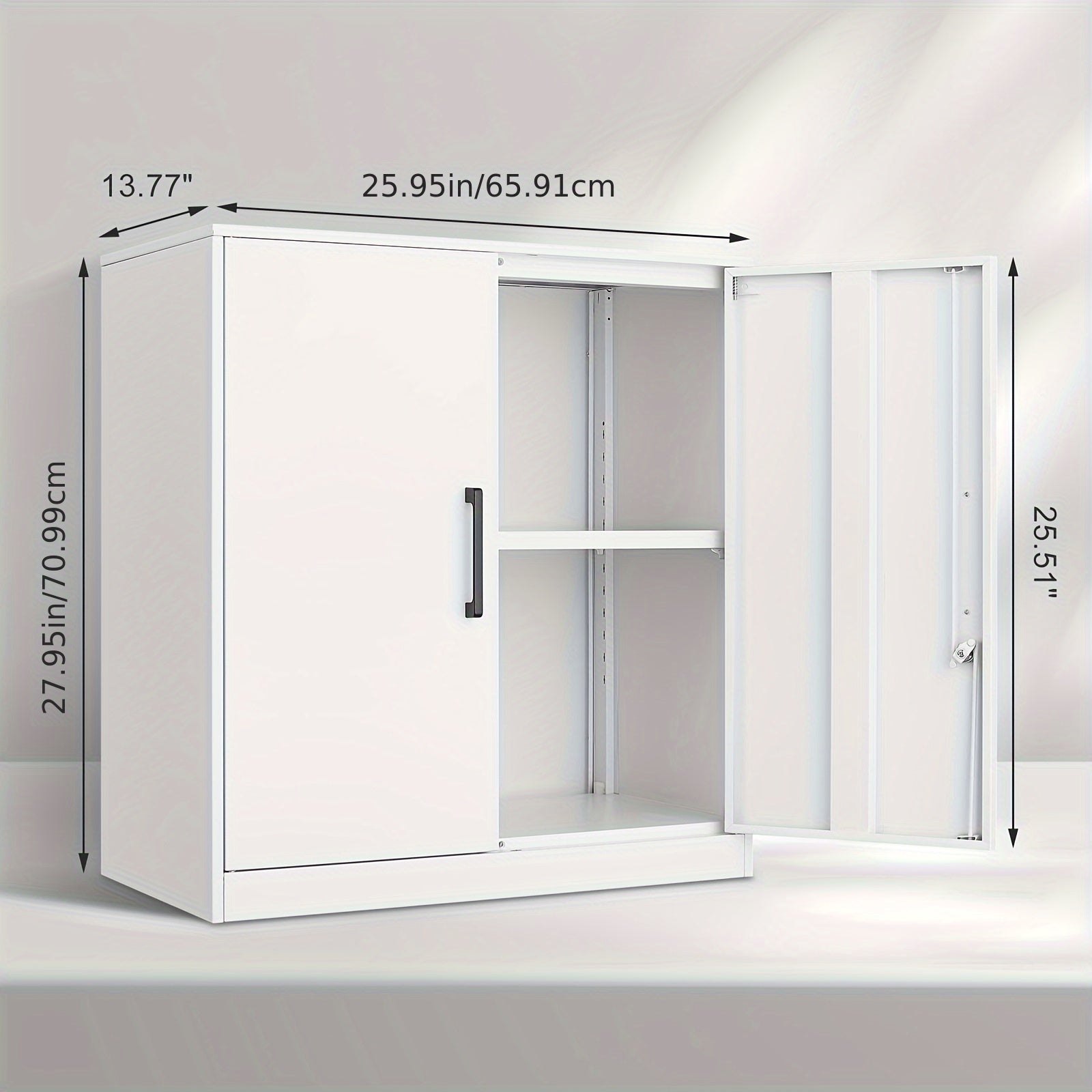 White storage cabinet with dimensions displayed on a light gray background