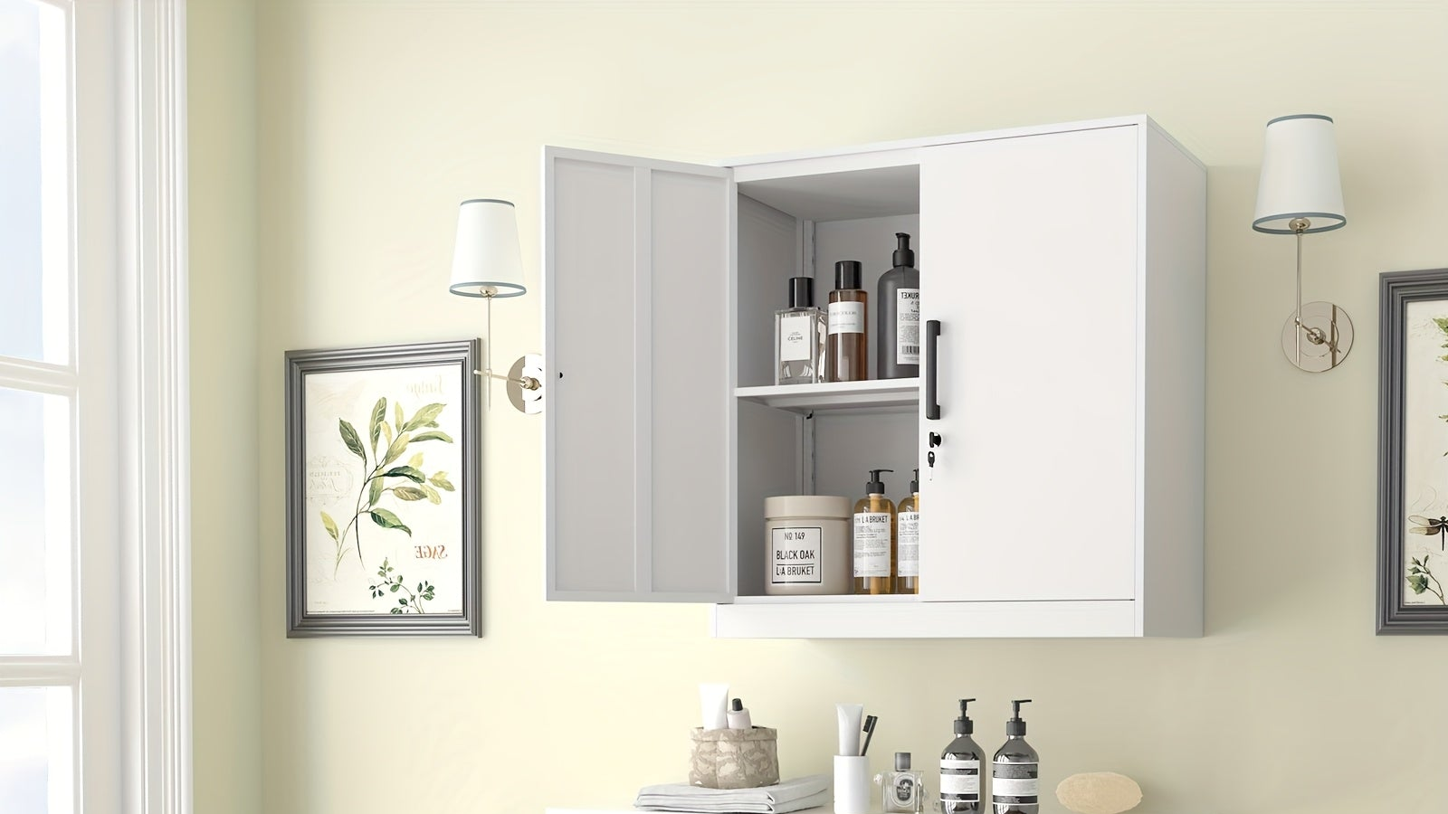 Bathroom with white cabinets, washing machine, and toiletries on shelves.