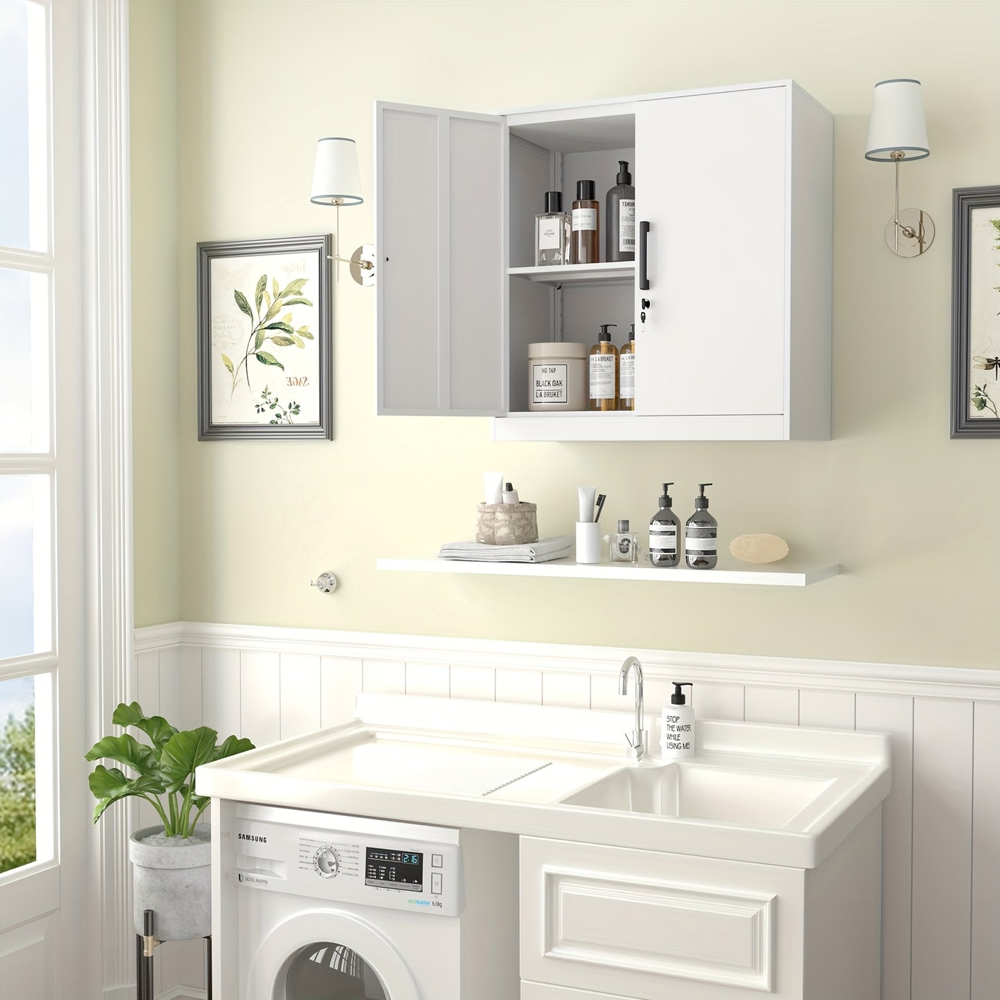 Bathroom with white cabinets, washing machine, and toiletries on shelves.