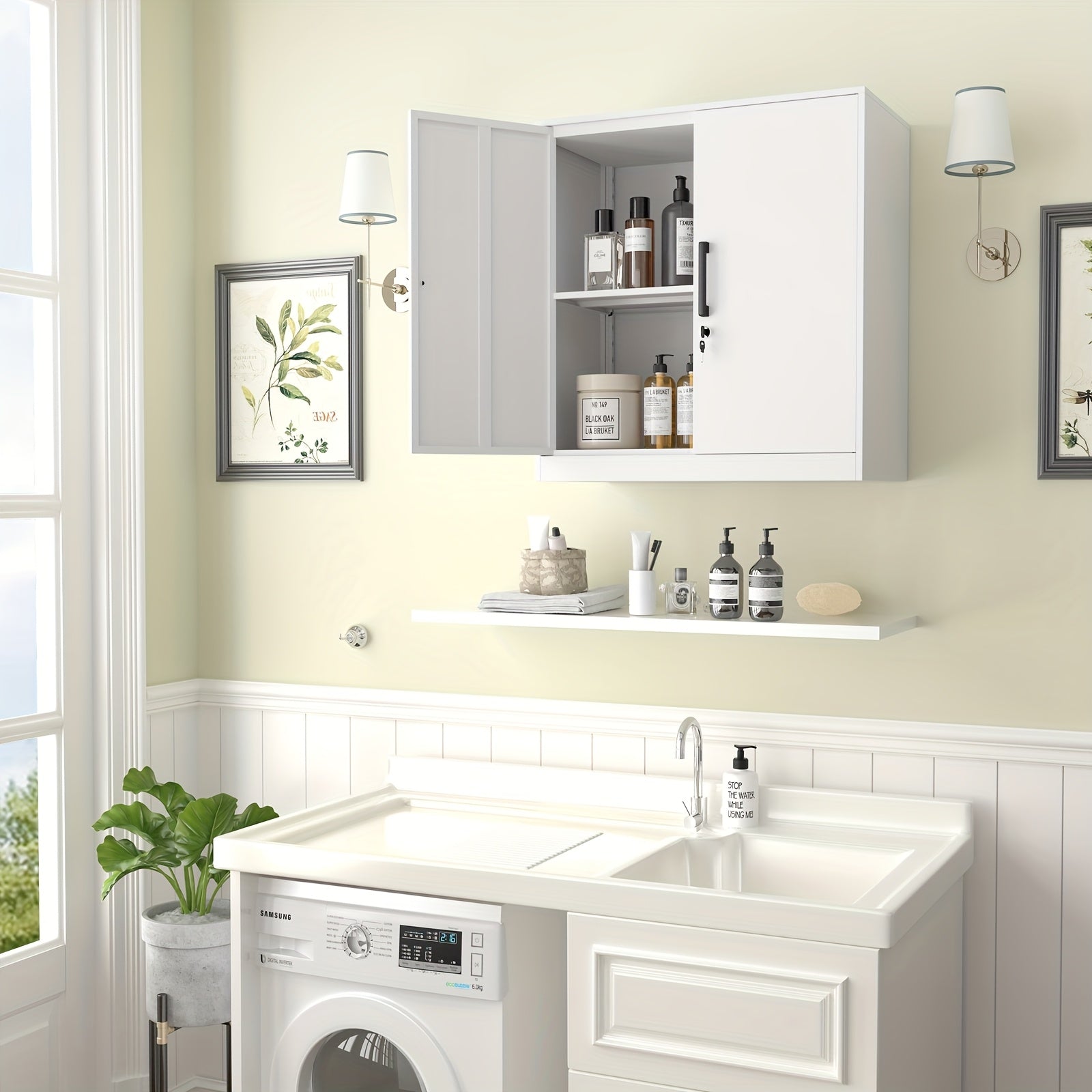 Bathroom with white cabinets, washing machine, and toiletries on shelves.