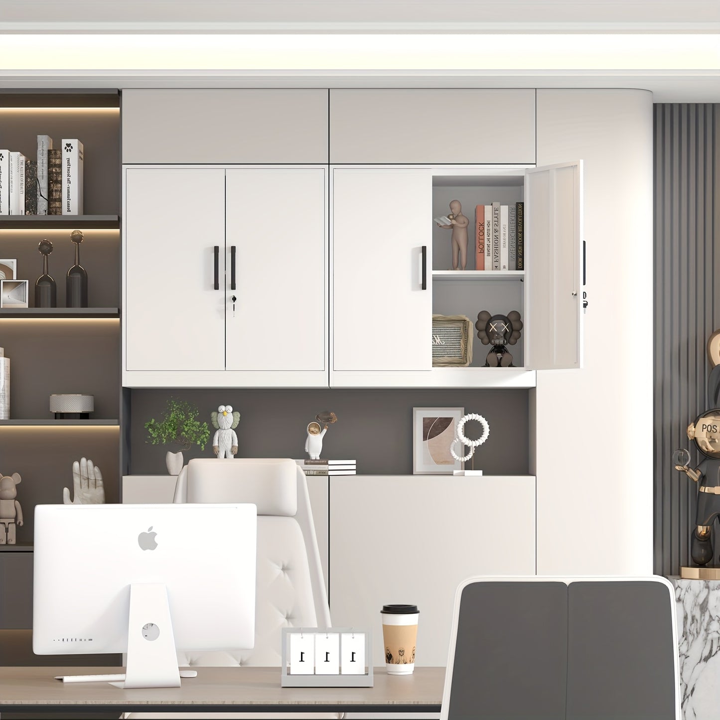 Modern office setup with white cabinets, desk, and computer equipment.