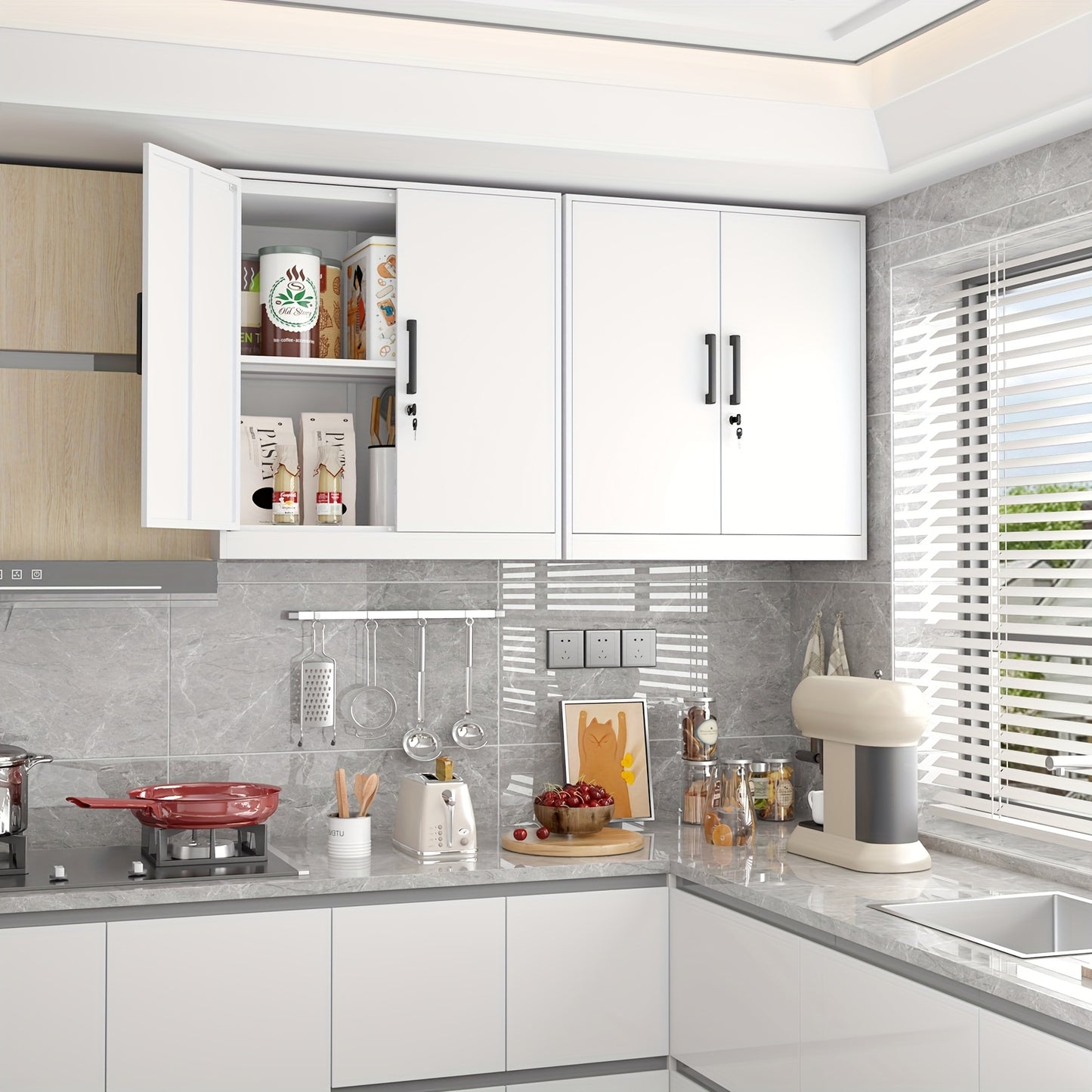 Modern kitchen with white cabinets, gray backsplash, and various kitchen items.