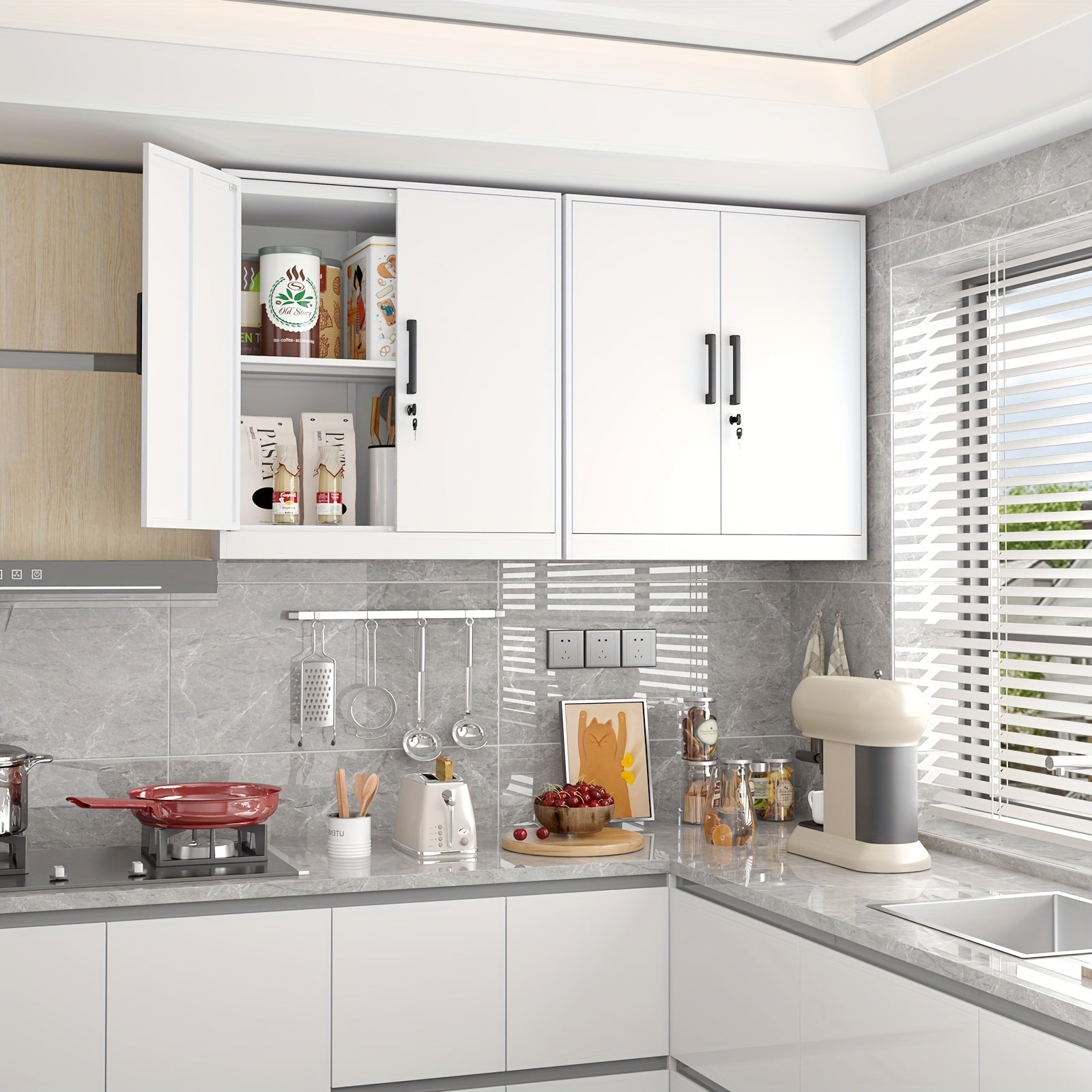 Modern kitchen with white cabinets, gray backsplash, and various kitchen items.