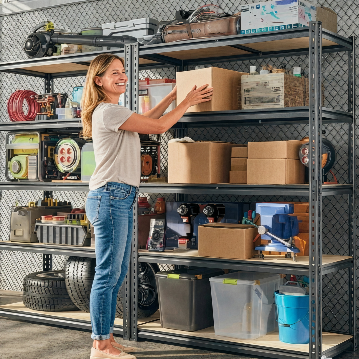 Woman organizing items on a metal shelving unit in a garage setting.