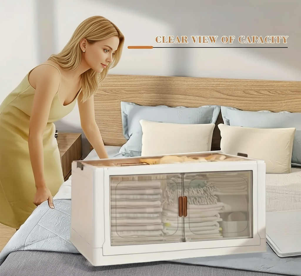 Woman opening a white storage box on a bed with clear view of capacity text above.