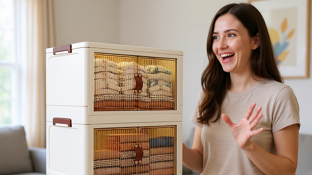 Woman standing next to a tall white storage unit with glass doors, showing off its contents in a living room.