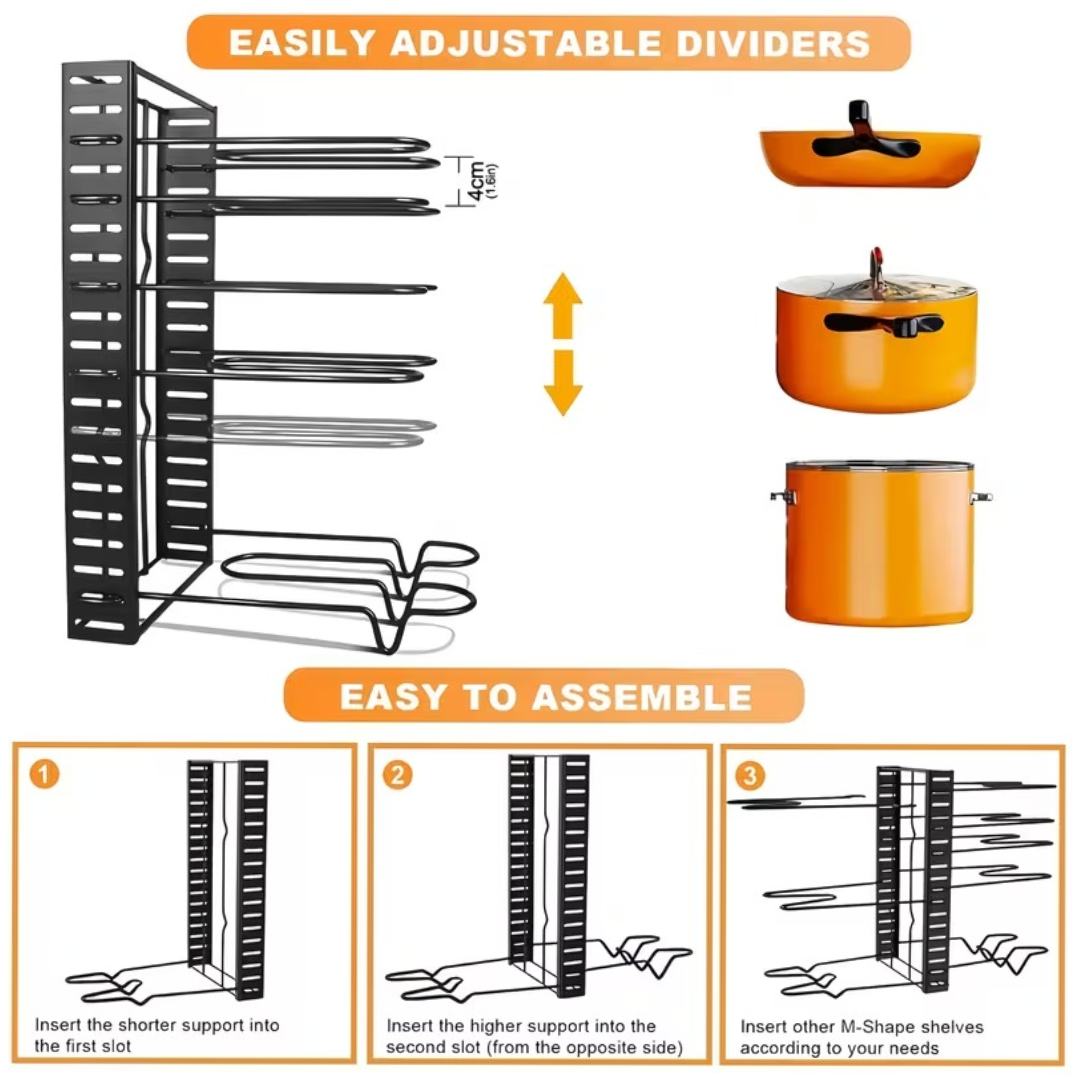 Wall-mounted storage rack with adjustable dividers and assembly instructions on a white background.