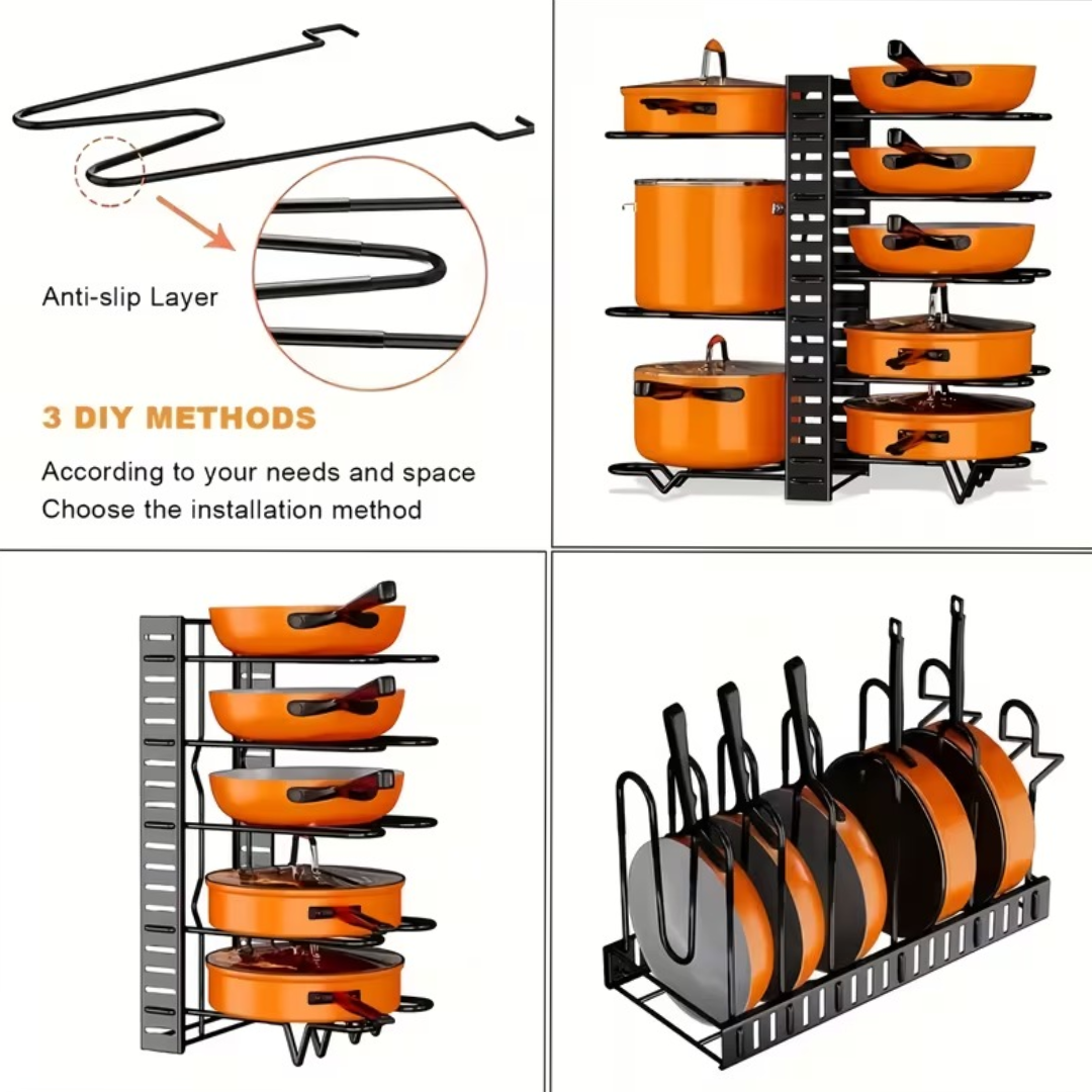 Pots and pans organizer with anti-slip layer feature and installation methods shown.