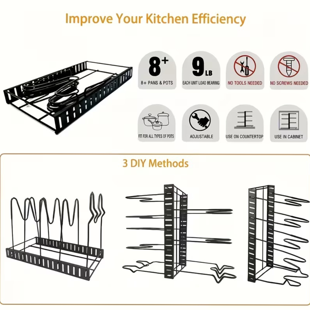 Kitchen rack with features and installation methods on a white background