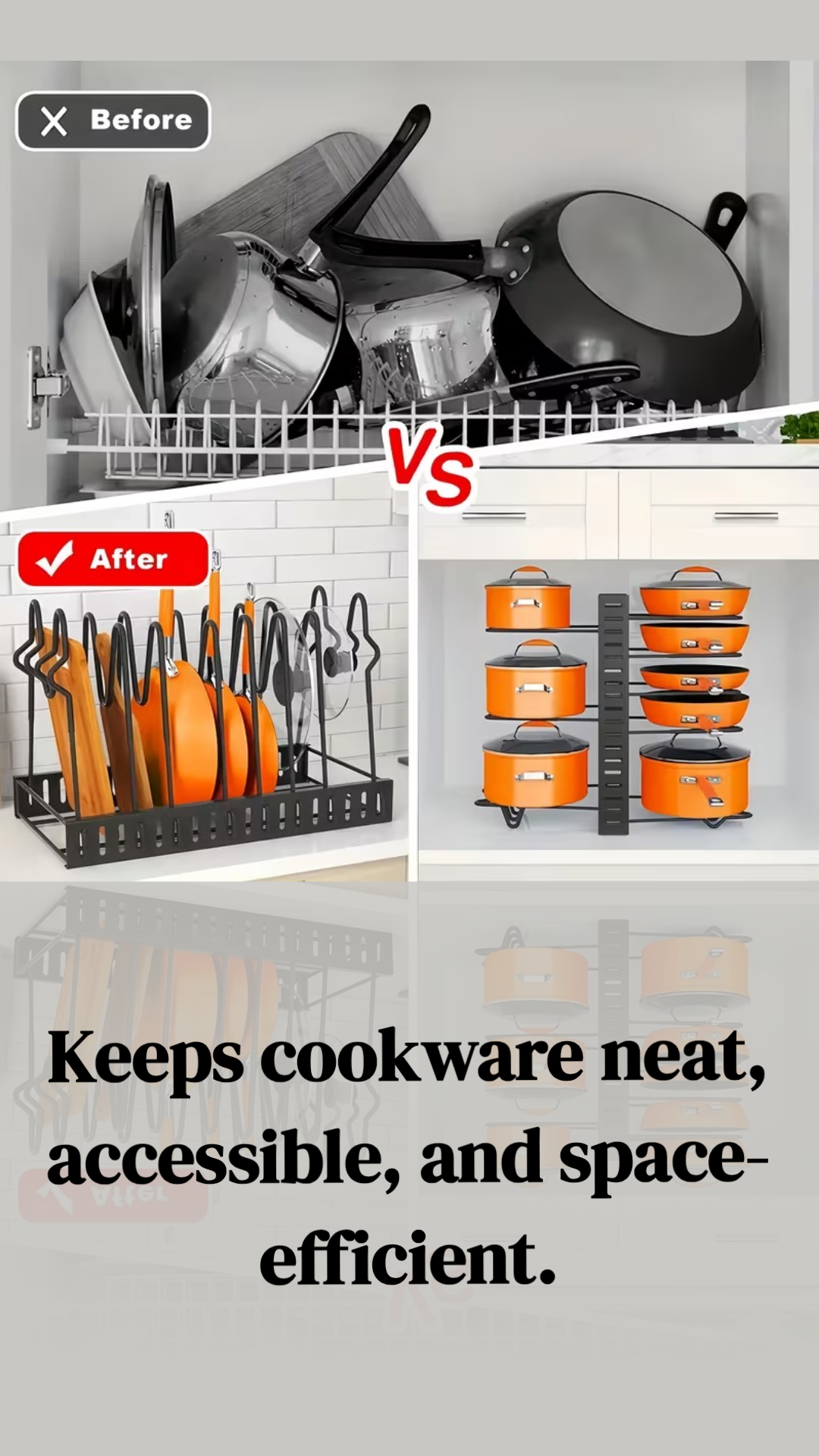 Before and after comparison of cookware organization with a rack.